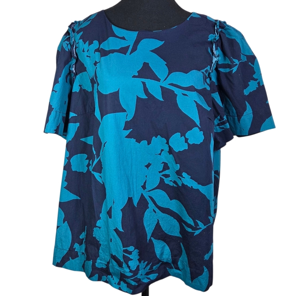 Crown & Ivy Dark Blue And Teal Floral Short Sleeve Top With Shoulder Ruffles XXL